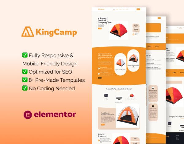 KingCamp – Elementor Template Kit for Outdoor Camping & Adventure Gear