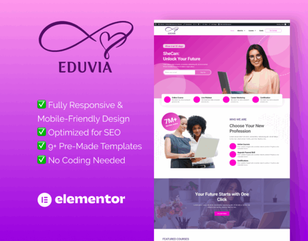 Eduvia – Elementor Template Kit for Women’s Online Education Platforms