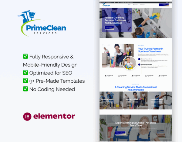 PrimeClean – Elementor Template Kit for Cleaning Services